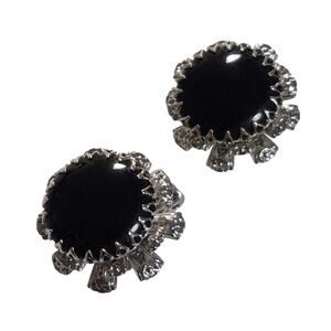Black Round Cabochon Stone and Silver-tone Floral Clip-on Earrings